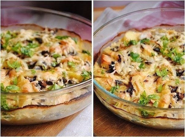 Картофельный гратен с курицей и грибами.Ингредиенты:Грудка куриная 2 штукиКартофель 4 ...