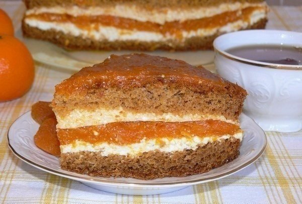 Торт с курагой и творогом.Ингредиенты:****для бисквита:****1 стакан муки,3 яйца,1 ст.л. меда,1 ч.л. ...