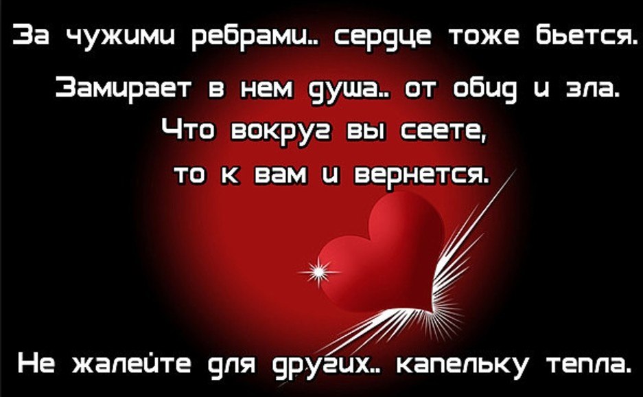 Тоже сердце. За чужими ребрами сердце тоже бьется. Твори добро пусть не поймут. За чужими ребрами сердце. Будьте выше обиды и зла.