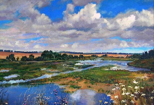 В небе тают облака, И, лучистая на зное, В искрах катится река, Словно зеркало стальное... Час от ...