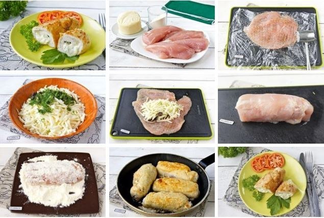 Куриные рулетики с сыром .на 100грамм - 137.24 ккалБ/Ж/У - 23.59/3.81/2.18 Ингредиенты: Филе куриной ...