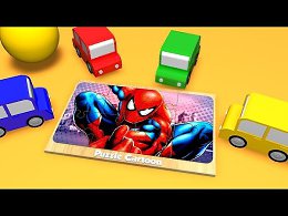 Spider Man. Puzzle cartoon with colored cars.