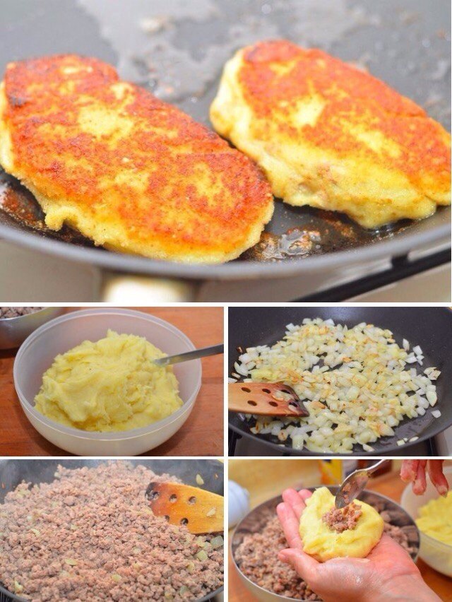 Картофельные зразы. Ингредиенты: Мясной фарш — 500 г Картофель — 7 шт. Лук репчатый — 1 шт. Чеснок — ...
