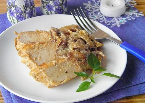 Куриное филе под грибным соусом.Сочное вкусное куриное мясо под грибным соусом на основе сметаны. ...