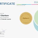 This is to certify that Danil Startsev has successfully completed the Python 3 Tutorial course. https://www.sololearn.com/Certificate/1073-3275919/pdf/   SoloLearn