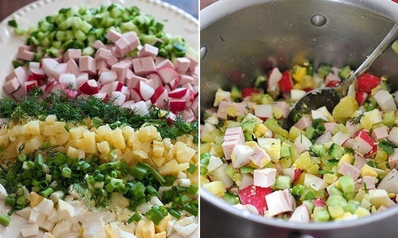 ВКУСНЕЙШАЯ ОКРОШКА НА КЕФИРЕ.ИНГРЕДИЕНТЫ: картофель — 2-3 шт яйца — 3 шт колбаса вареная — 250 г ... - 2