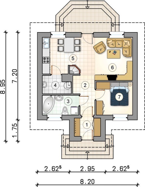 Проект компактного одноэтажного дома из газобетона с двумя спальнями, изолирован