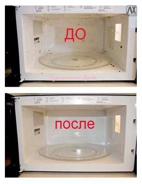 2 ст. ложка уксуса + 1 стакан горячей водой + 10 мин в микроволновой печи = чистота!
