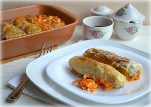Постные голубцы с рисом.Ингредиенты:Капуста белокочанная - 1 кочанРис - 250 гШампиньоны ... - 8