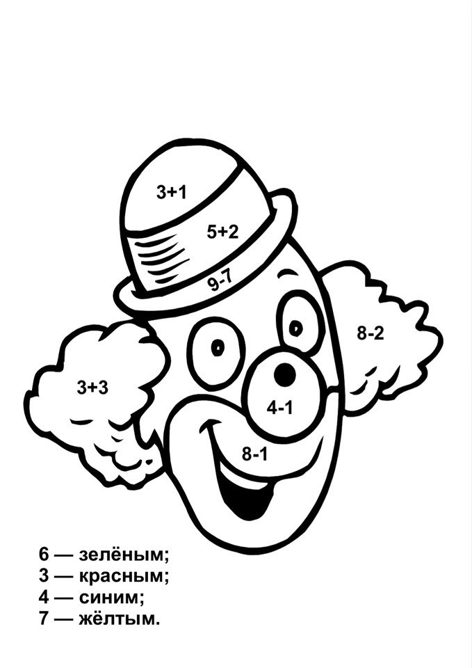 Математическая раскраска клоун. Раскраска с примерами в пределах 10. Решаем и раскрашиваем в пределах 10. Реши и раскрась в пределах 10.