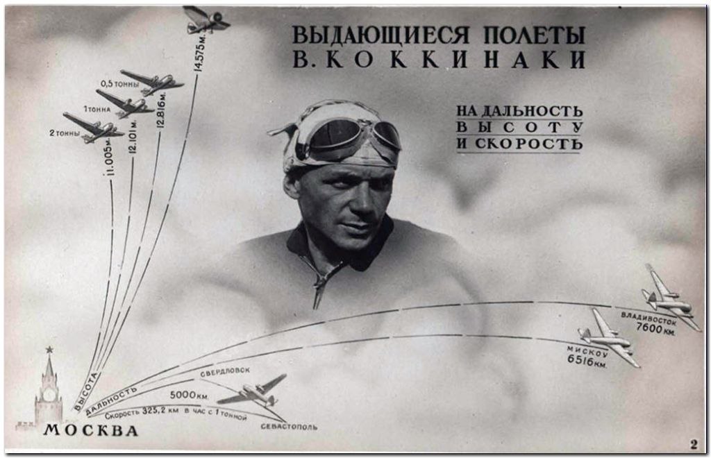 Рекорд полета самолета. Летчик испытатель Коккинаки. Владимира Константиновича Коккинаки на плакате.