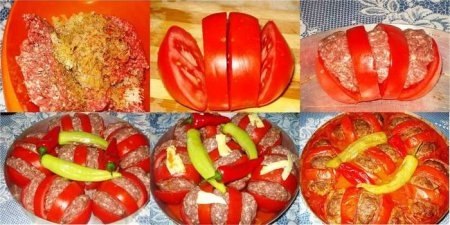 Запеченные помидоры с фаршем.ИнгредиентыФарш мясной - 750 г.Помидоры крупные - 2 кг.Лук - 1 шт.Перец ... - 2