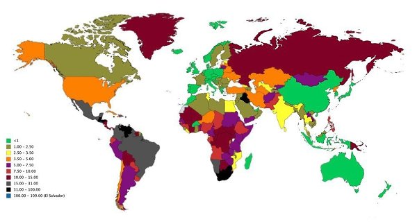 Количество убийств на 100.000 человек. Статистика ООН за период 2006-2016гг. Самые спокойные ...