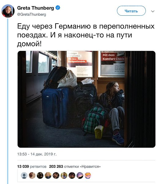 Грета Тунберг выложила в Twitter фотографию, где она едет домой, сидя на полу вагона среди ...