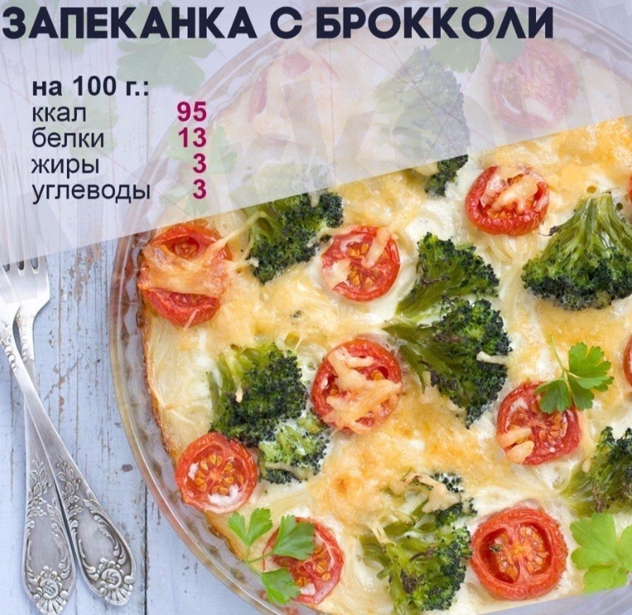 Запеканка с куриным филе и брокколи . Итого на 100 грамм 95 ккалБ/Ж/У 13 / 3 / ...