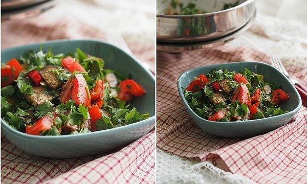 Теплый салат с баклажанами, чили и томатами.На 2 порции: 2 небольших баклажана 3 средних томата 1 ... - 7