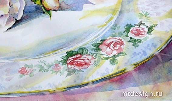 Риcуeм aквapeлью poзы нa тapeлкe. Автop: apинa Тepeшкoвa. © Школа Рисования - 10