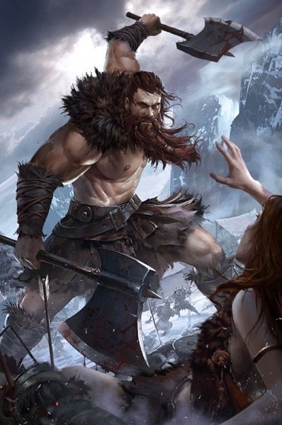 викинг с двумя одноручными топорами в бою