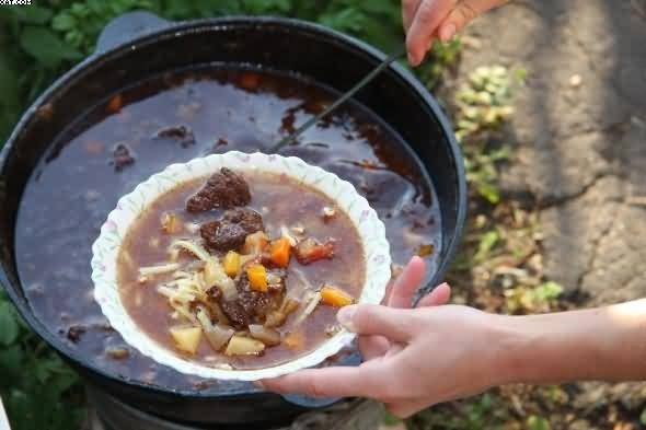 Лагман на костре.Лагман готовится из мяса (преимущественно баранины или говядины), овощей и тянутой ...