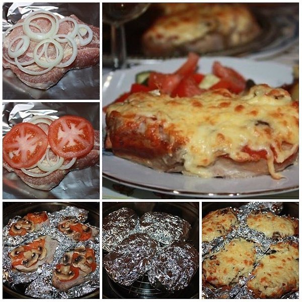 Мясо в фольге с грибами и помидорами. Очень похоже на мясо по-французски, но я сделала несколько ...