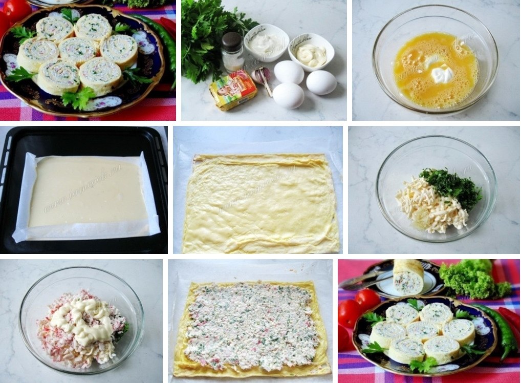 Рулет яичный с сыром и крабовыми палочками.Ингредиенты:Яйца - 4 штуки;Сметана - 100 грамм;Сыр ...