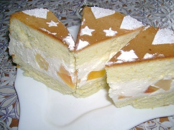 Бисквит с творожным кремом и консервированными фруктами.Бисквит5 яиц,1 ст. сахара,1 ст. муки,1 ч.л. ...