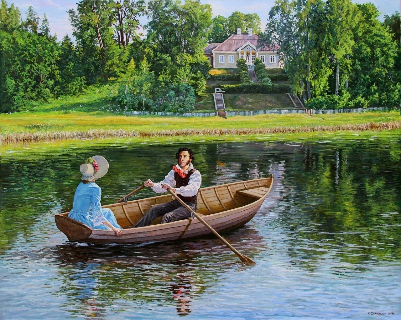 Двое подошли к реке лодка. Пейзаж с лодкой. Лодки живопись. Картина.