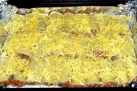 Фаршированные каннеллони, запеченные с сыром.Ингредиенты:- Каннеллони - 1 упаковка (400 грамм)- Фарш ... - 7