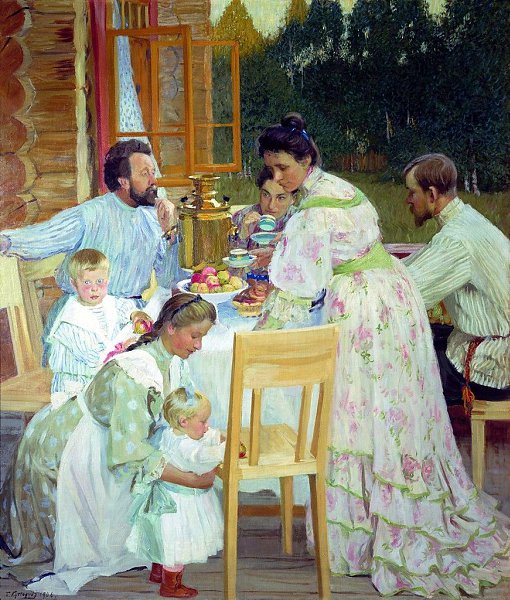 Борис Кустодиев «На террасе», 1906 год.На этой картине мы видим семью, которая собралась на чаепитие ...