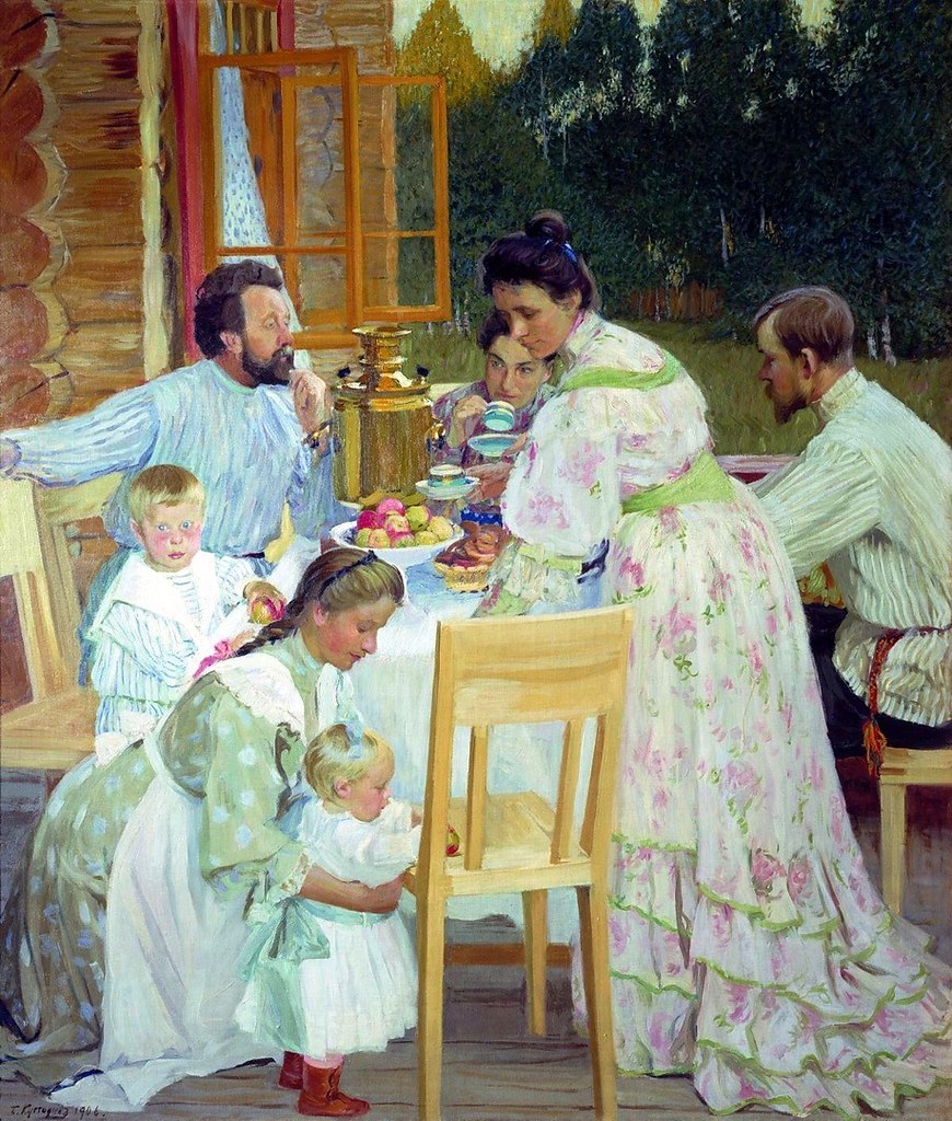 Борис Кустодиев «На террасе», 1906 год.На этой картине мы видим семью, которая собралась на чаепитие ...