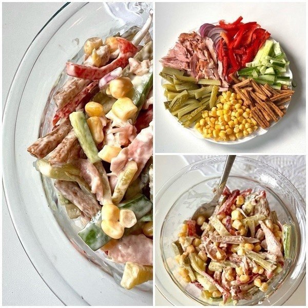 Простой салатик с копченой курицей.Ингредиенты: - красный перец - огурец - сухари - консервированная ...
