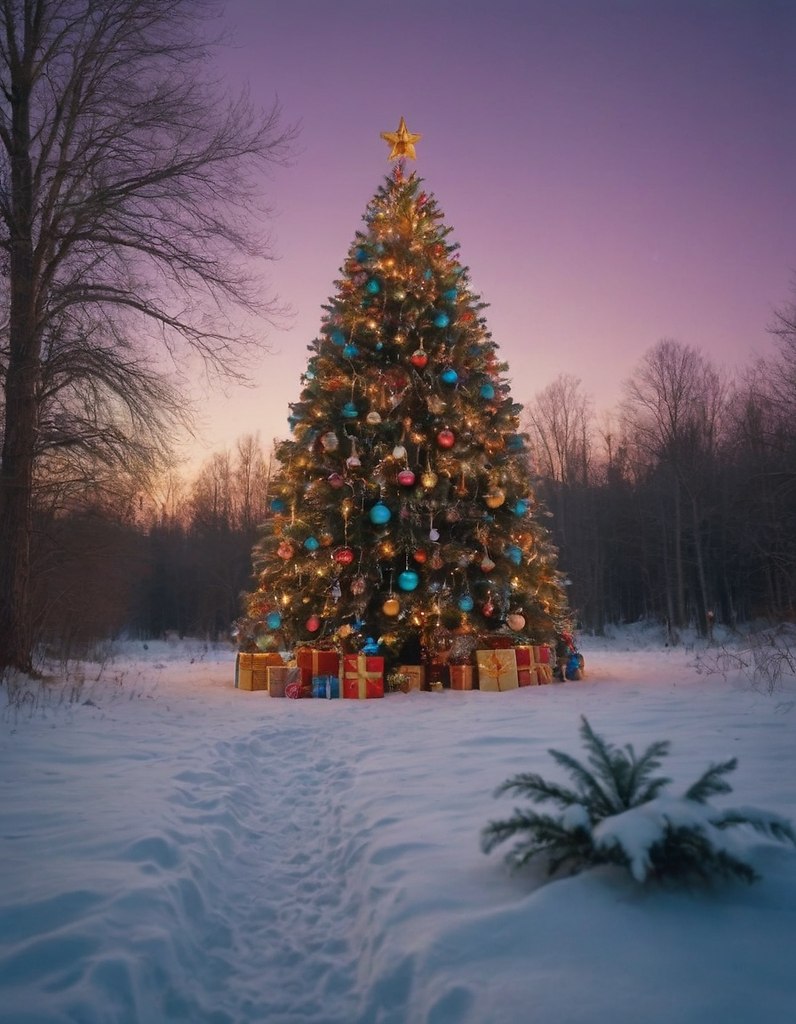 {."prompt": "Brightly decorated with toys and garlands New Year's tree in a ...