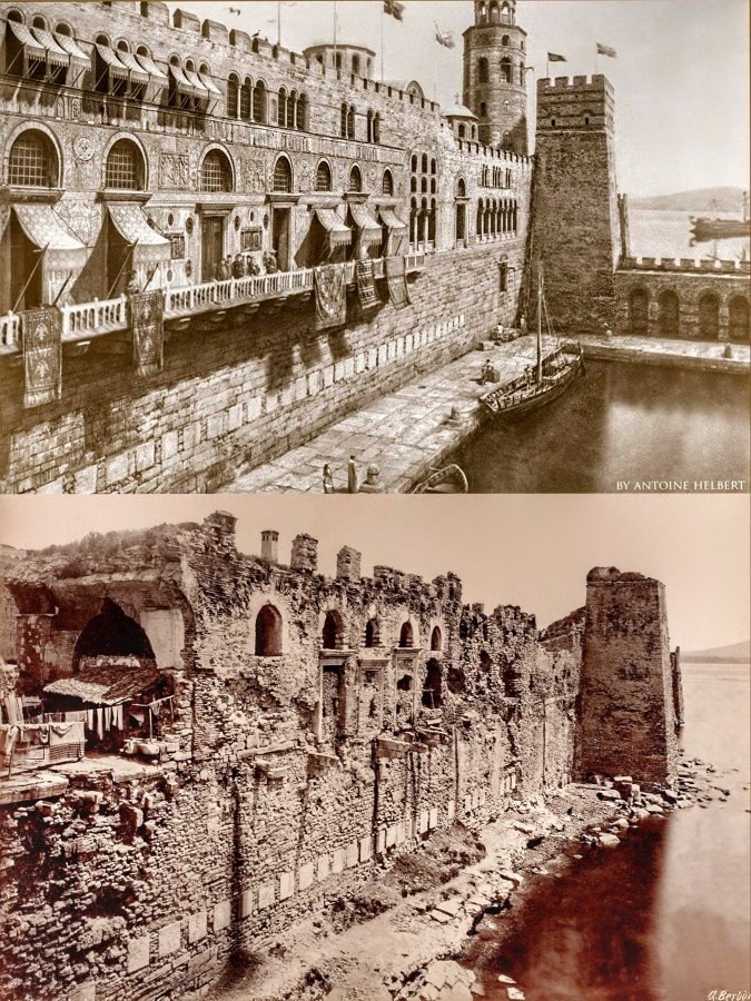 Византийский дворец Буколеон, Константинополь в XII веке и его руины в 1875 году.