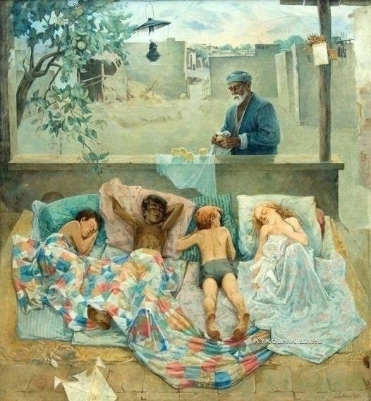 Ш.Гaфуров «Яблоки 1945–го».Кaртинa посвященa тaшкентскому кузнецу Шaмaхмудову, усыновившему в годы ...