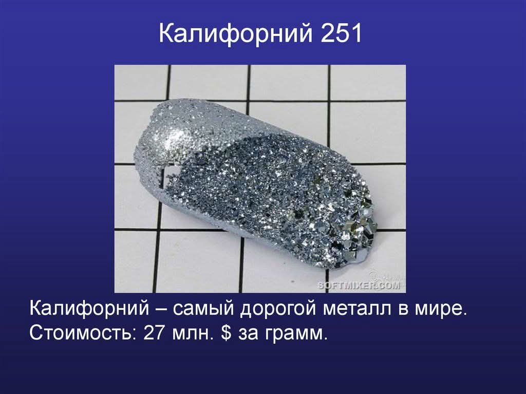 :) Калифорний — самый дорогой металл в мире. По оценкам на 2024 год, цена за один грамм составляла ...