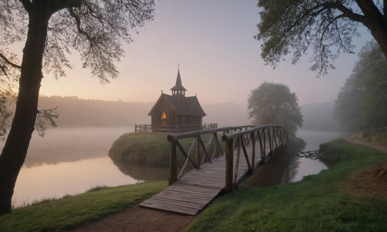 {."prompt": "An old, wooden suspension bridge over a river on a foggy morning at ...