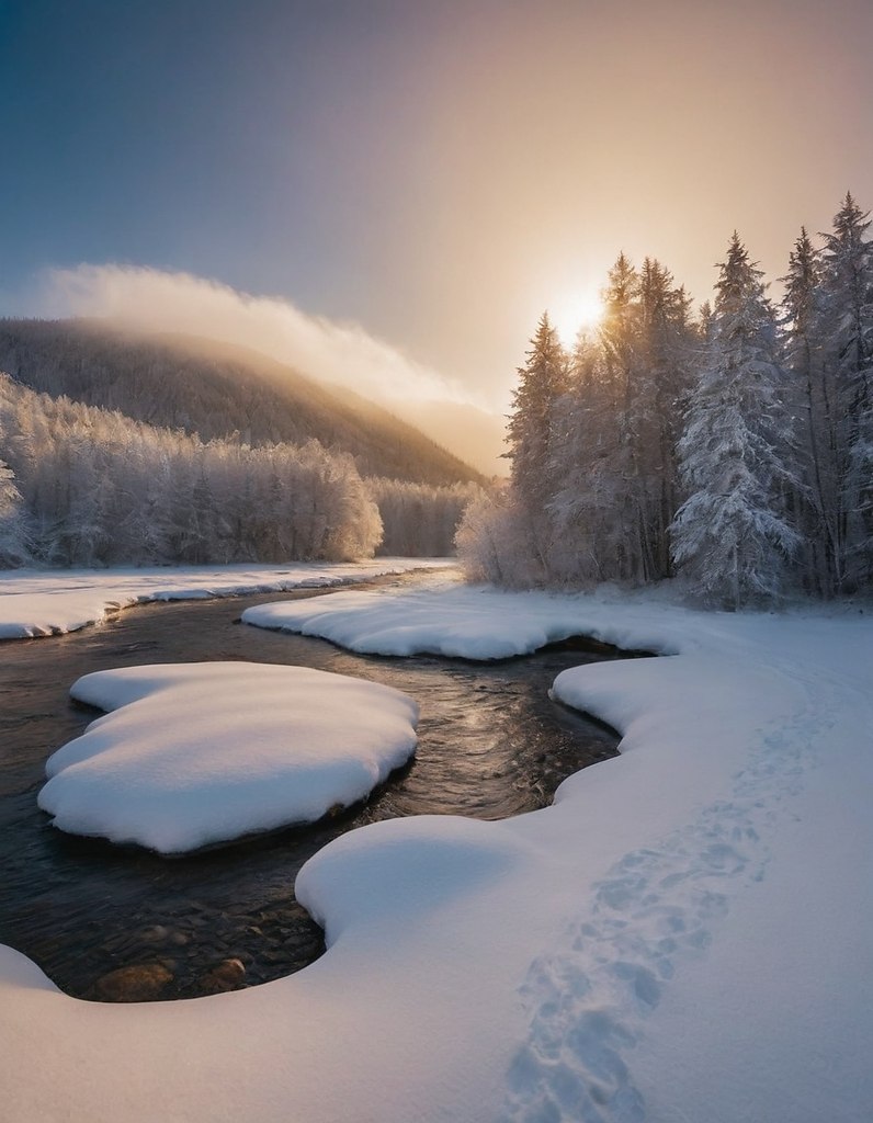 {."prompt": "Very beautiful realistic nature. Time of year winter. Clear morning. ...