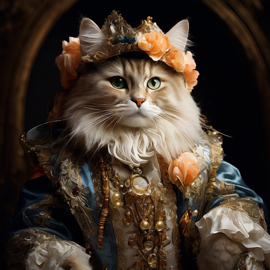 {."prompt": "fashion, cat in human costume, rococo ...