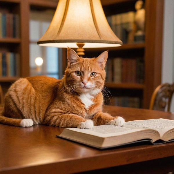 {."prompt": "beautiful red cat sitting at the table in the library, paws on the book, ...