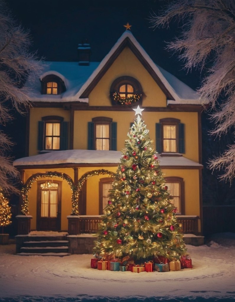 {."prompt": "New Year's tree in the yard of an old country house. Winter. Night. ...