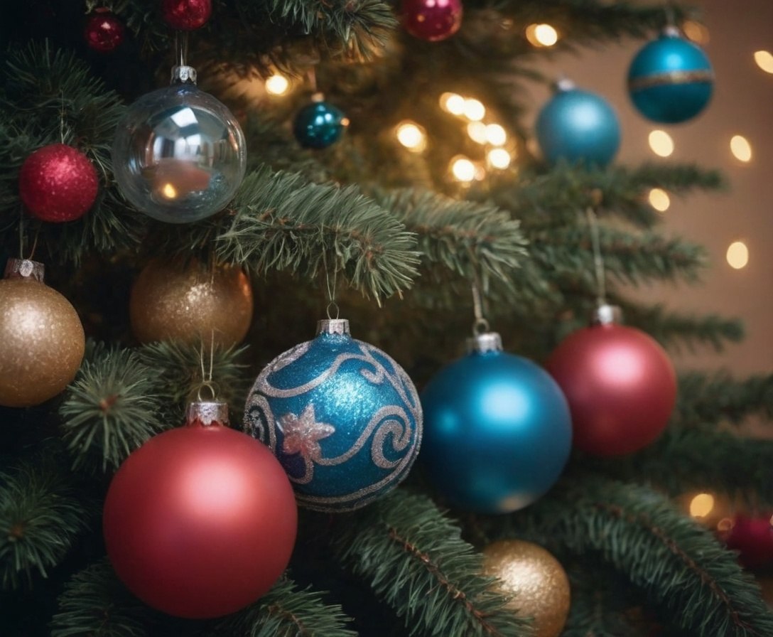 {."prompt": "New Year's tree is decorated with bright beautiful toys, garlands. ...