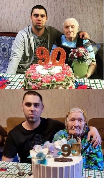 Внук повторил фото с бабушкой спустя 5 лет Дай бог здоровья бабушке. Ждём фотку еще через 5 лет. ...