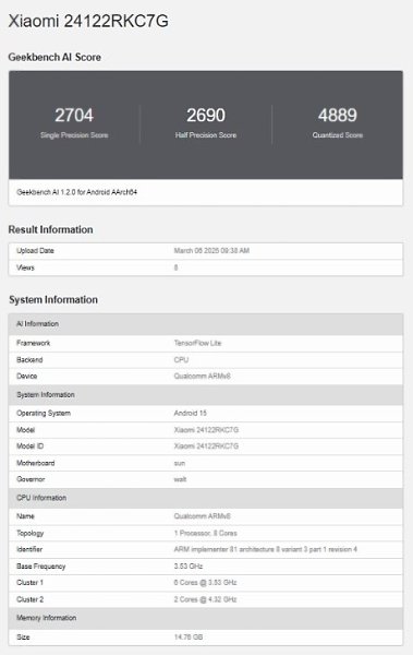 POCO F7 ULTRA ПРОТЕСТИРОВАЛИ В GEEKBENCH AI. Смартфон под кодовым номером 24122RKC7G прошел ... - 2