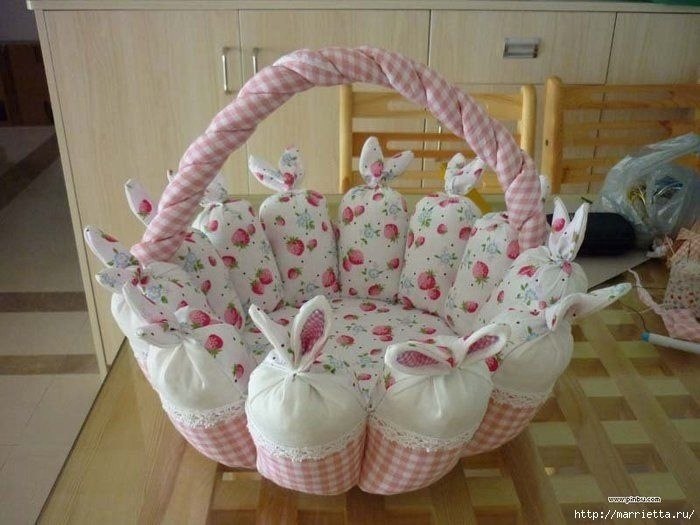 Пасхальная корзинка с кроликами. Лоскутное шитье.