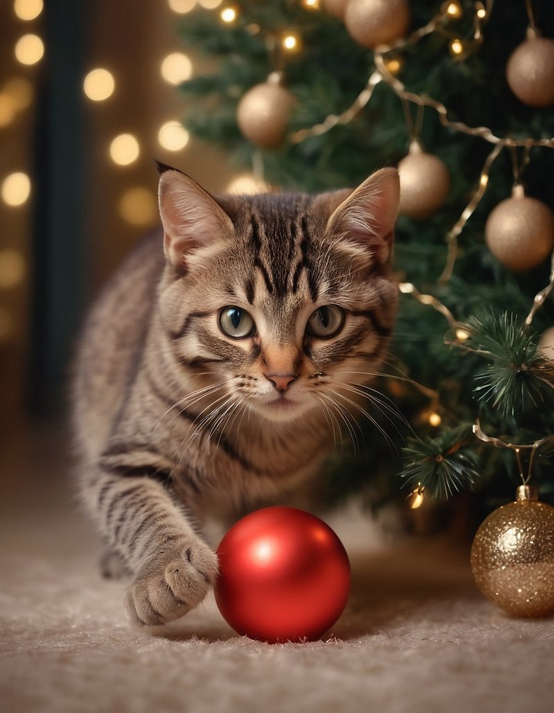 {."prompt": "Beautiful kitty trying to steal a ball from the New Year tree. Realistic ...