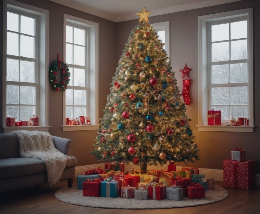 {."prompt": "New Year's tree is decorated with bright beautiful toys, garlands. ...