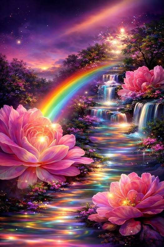Where dreams rise in color.A river of light flows gently through blooming petals, carrying whispers ...
