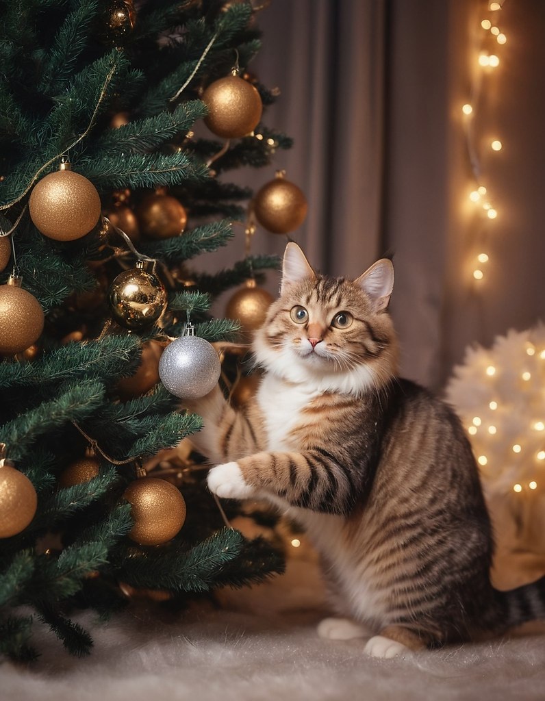 {."prompt": "Beautiful kitty trying to steal a ball from the New Year tree. Realistic ...